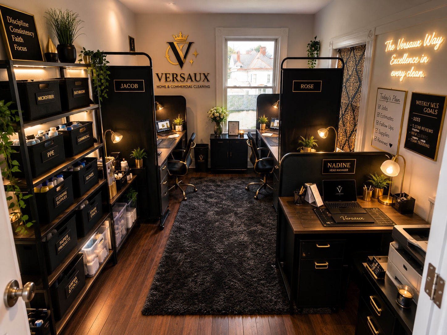 Versaux black and gold office and supply space